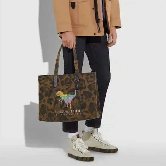 NWT Rare Coach Camo Rainbow Rexy Dinosaur Leather Tote Purse Canvas Case bag FOB - Picture 10 of 11